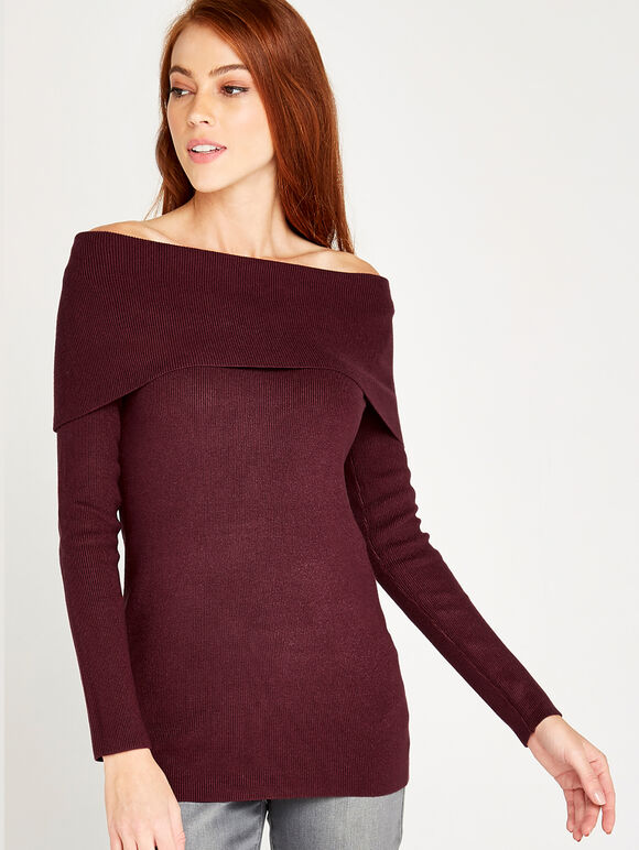 Ribbed Roll Neck Jumper, Burgundy, large