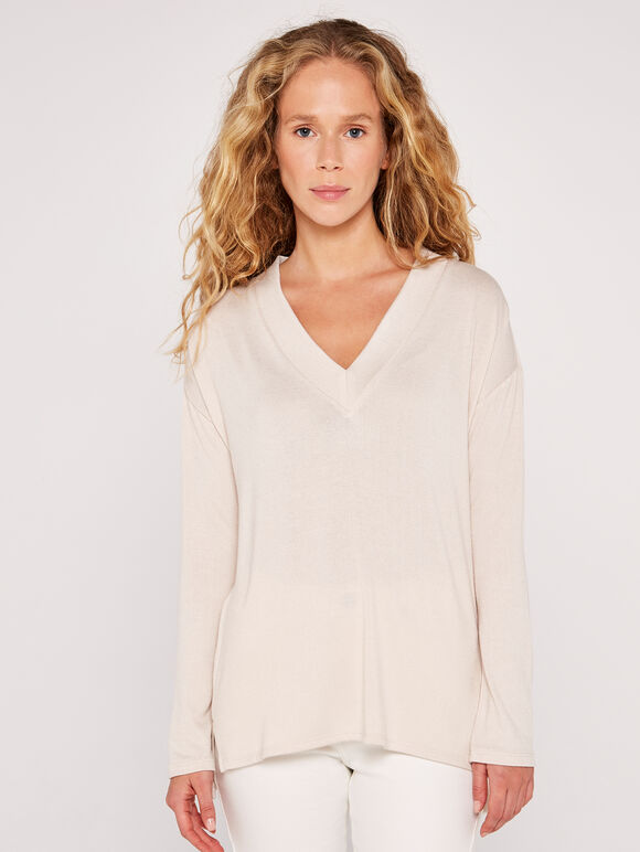 Soft Vneck Top, Stone, large