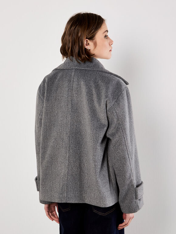 Tailored Short Peacoat Jacket, Dark Grey - Charcoal, large