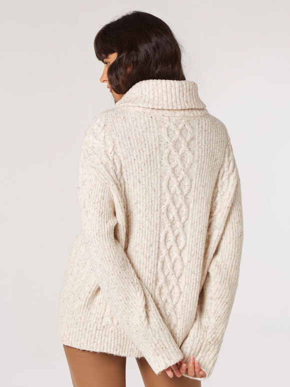 Chunky Cable Knit Zip Neck Jumper, Stone, large