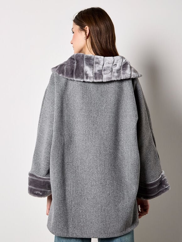 Faux Fur Zip Fleece Jacket, Grey, large