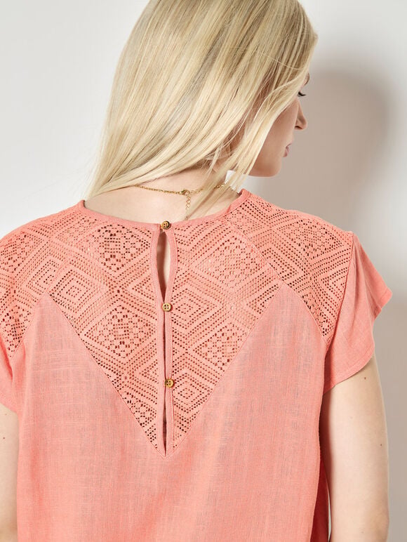 Crochet Insert T-Shirt, Coral, large
