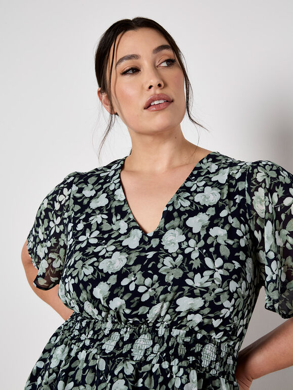 Watercolour Rose Tiered Mini Dress, Navy, large