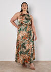 Tropical Leaf Satin Maxi Dress, Khaki, large