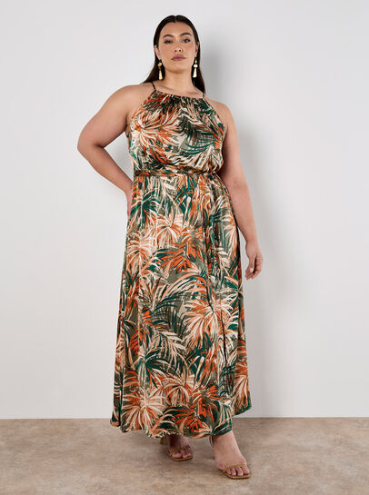 Tropical Leaf Satin Midi Dress