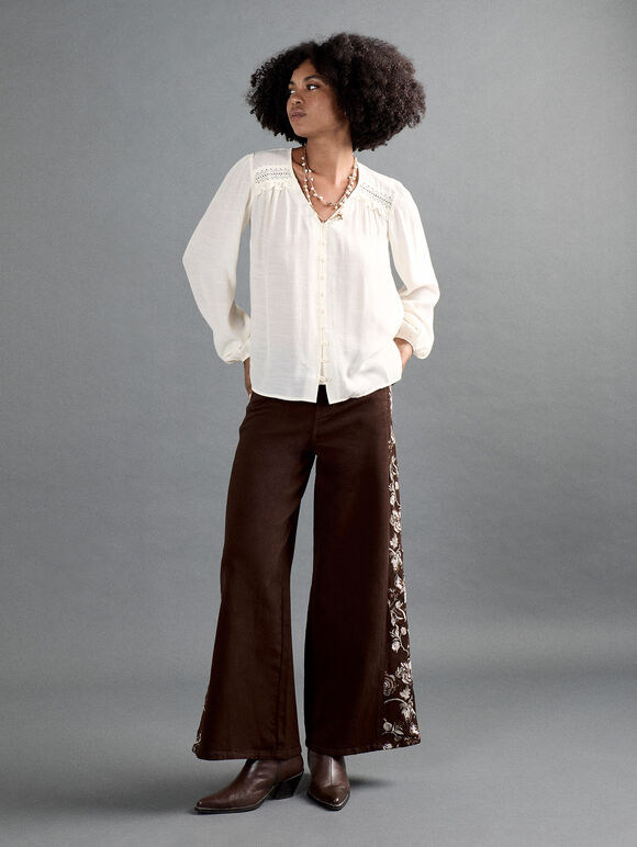 Floral Embroidered Wide-Leg Jeans, Brown, large