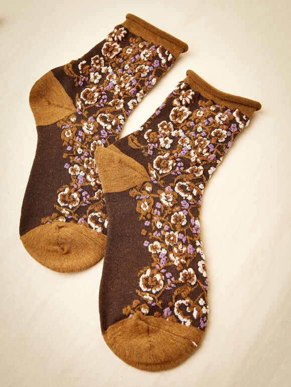 Floral print Cotton Socks, Brown, large