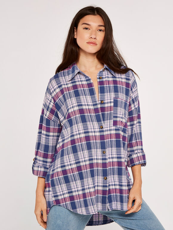 Oversized Check Shirt, Blue, large