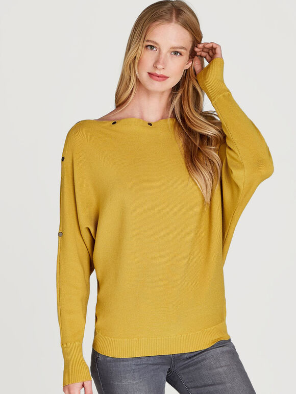 Slash Neck Popper Jumper, Mustard, large