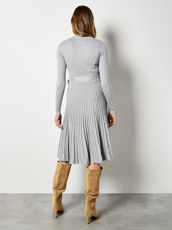 Belted Pleated Dress, Light Grey / Silver, large
