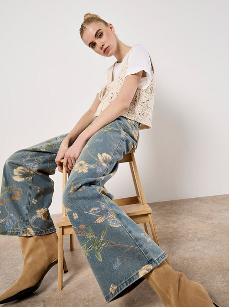Floral Print Wide-Leg Jeans