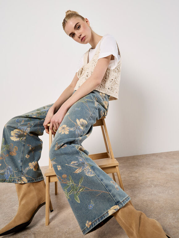 Floral Print Wide-Leg Jeans, Blue, large