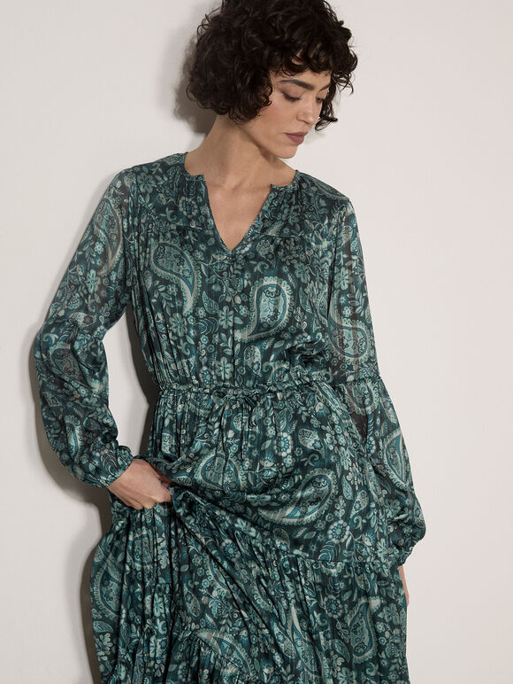 Satin Shimmer Paisley Midi Dress, Green, large