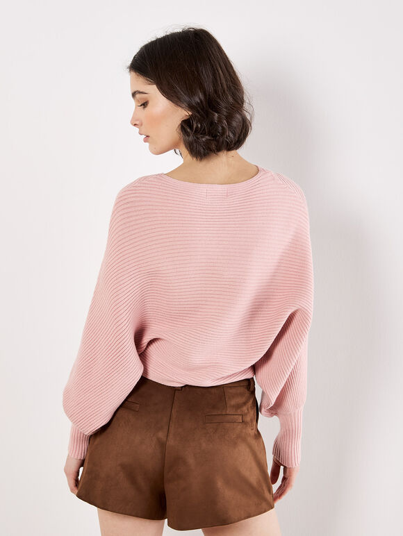 Batwing Ribbed Knit Crop Jumper, Pink, large