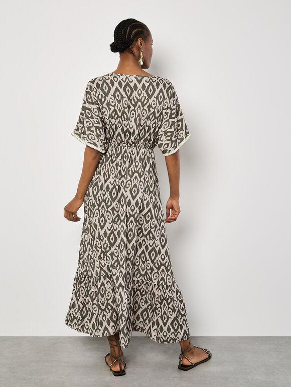 Ikat Swirl Shimmer Maxi Dress, Khaki, large