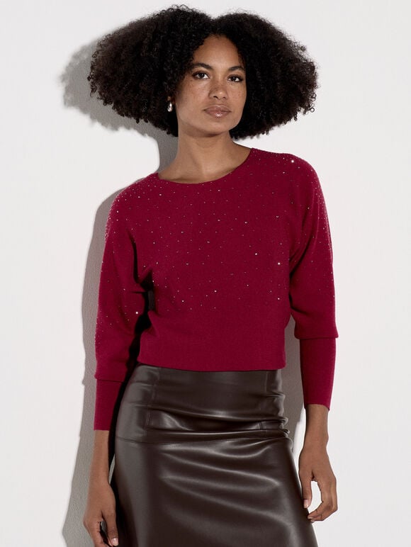 Diamante Ribbed Batwing Jumper, Burgundy, large