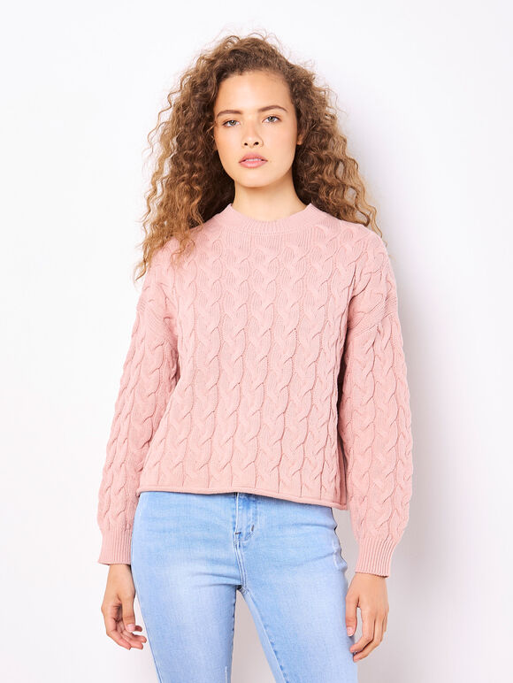 Cotton Blend Cable Knit Jumper, Pink, large