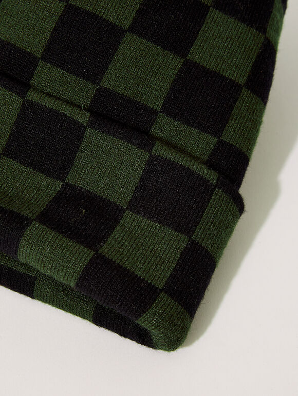 Checkered Beanie Hat, Green, large
