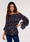 Ditsy Spray Bardot Top, Navy, large