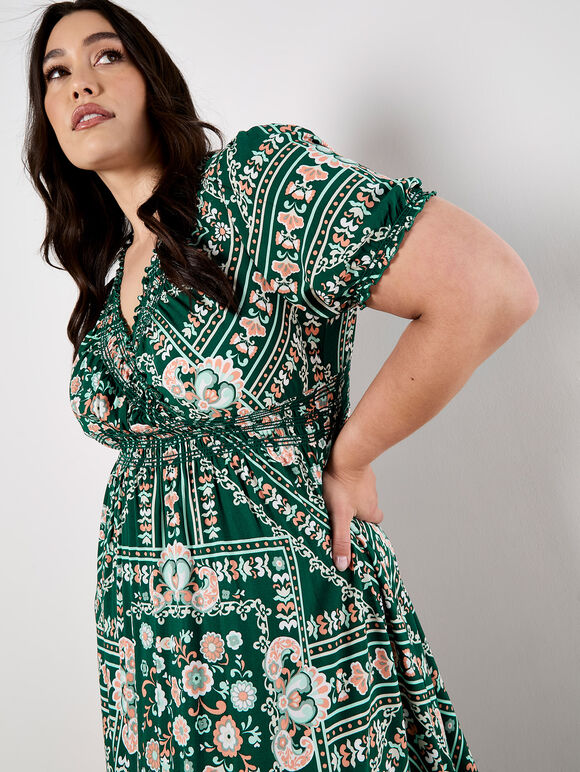 Scarf Print Smocked Maxi Dress, Green, large