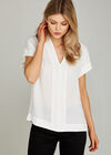 Cream High Collar Border V Neck Top, Cream, large