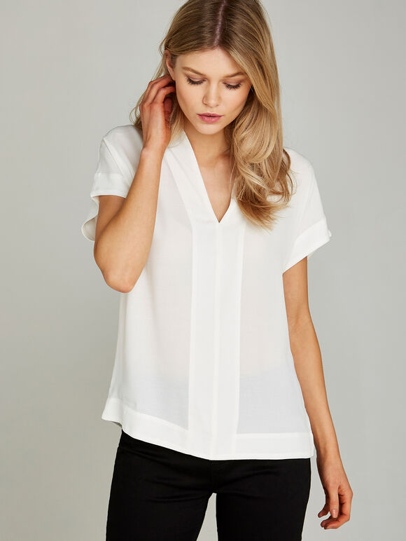 Cream High Collar Border V Neck Top, Cream, large
