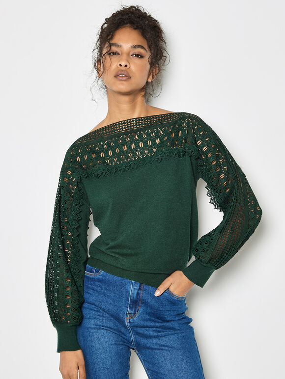 Lace Neck And Sleeve Jumper, Green, large