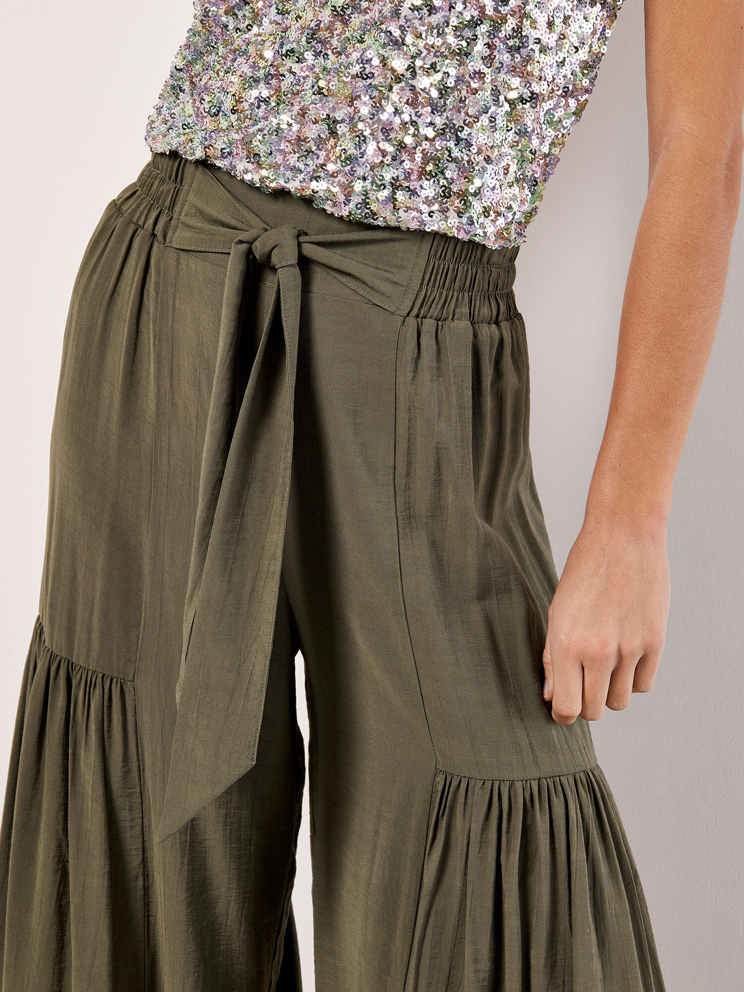 Tiered Wide Leg Woven Trousers Apricot Clothing