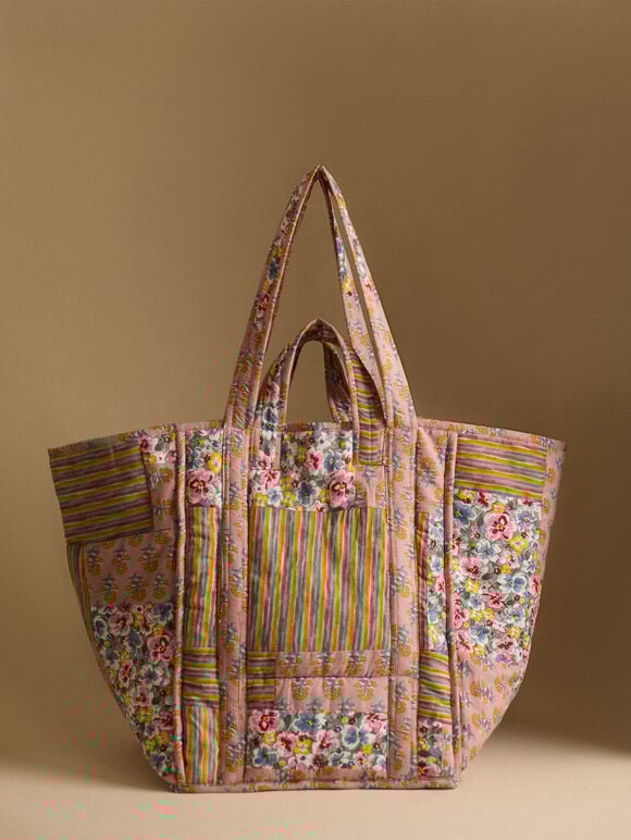 Printed Patchwork Cotton Tote Bag, Assorted, large