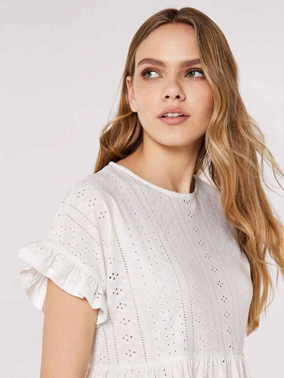 Peplum Hem Pointelle Top, Cream, large