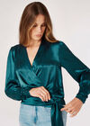 Textured Satin Wrap Top, Teal, large