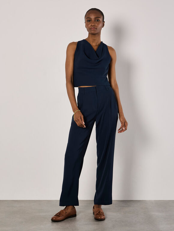 Sleeveless Cowl Neck Crop Top, Navy, large