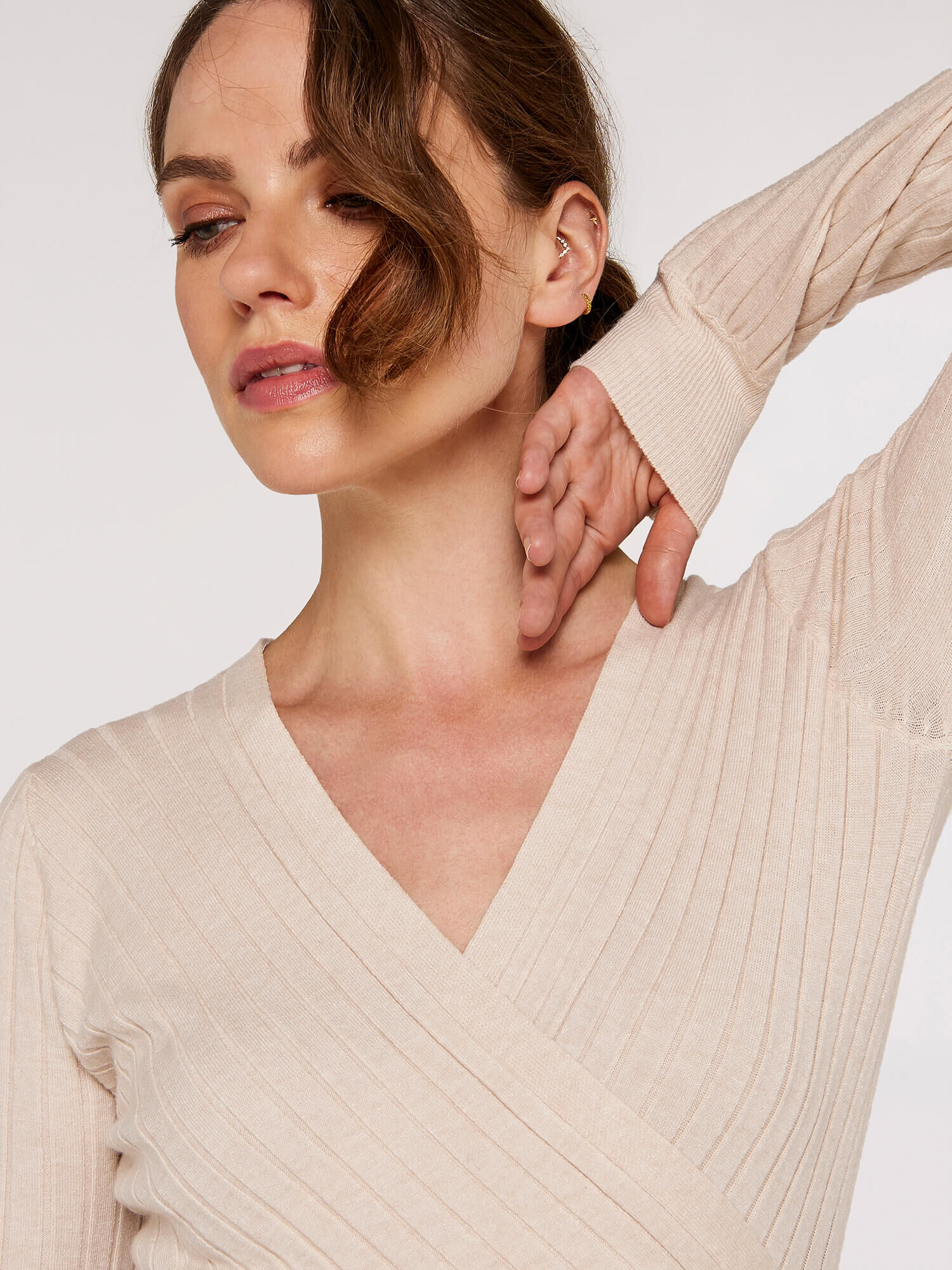 Wrap Ribbed Knitted Top Apricot Clothing