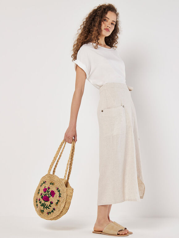 Linen Blend Wrap Midi Skirt, Cream, large