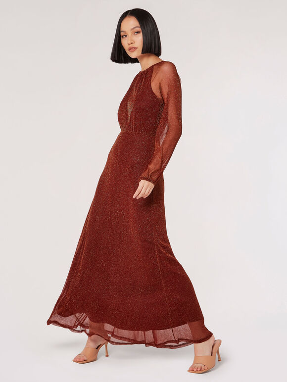 Metallic Sparkle Mesh Maxi Dress, Burgundy, large