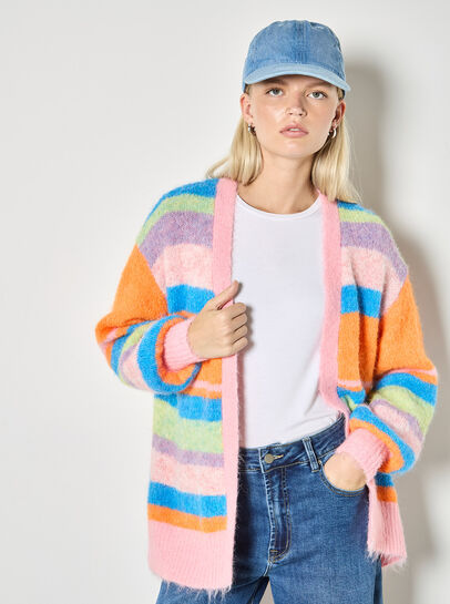 Colourful Stripe Fluffy Knit Cardigan