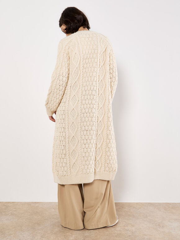 Chunky Cable Knit Longline Cardigan, Cream, large