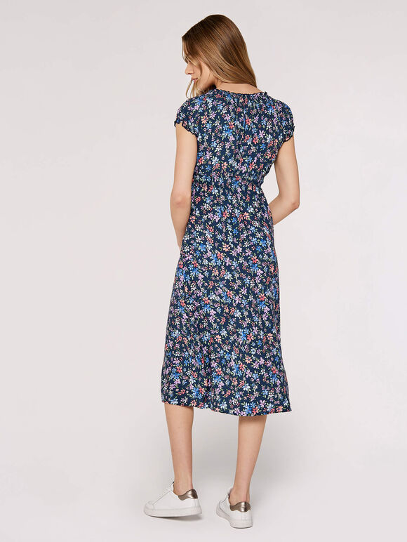 Ditsy Milkmaid Midi Dress, Navy, large