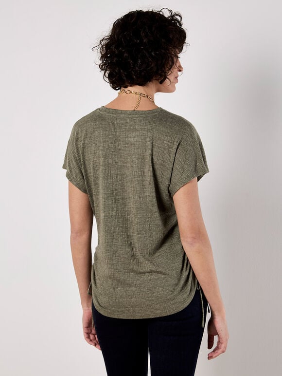 Textured Jersey Side Ruched T-Shirt, Khaki, large
