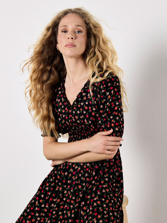 Ditsy Floral Smocked Midi Dress, Orange, large