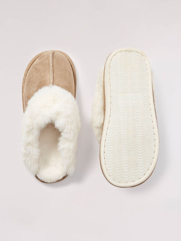 Furry Slip On Slipper, Stone, large