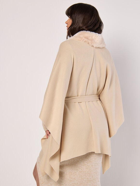 Faux Fur Collar Poncho, Stone, large