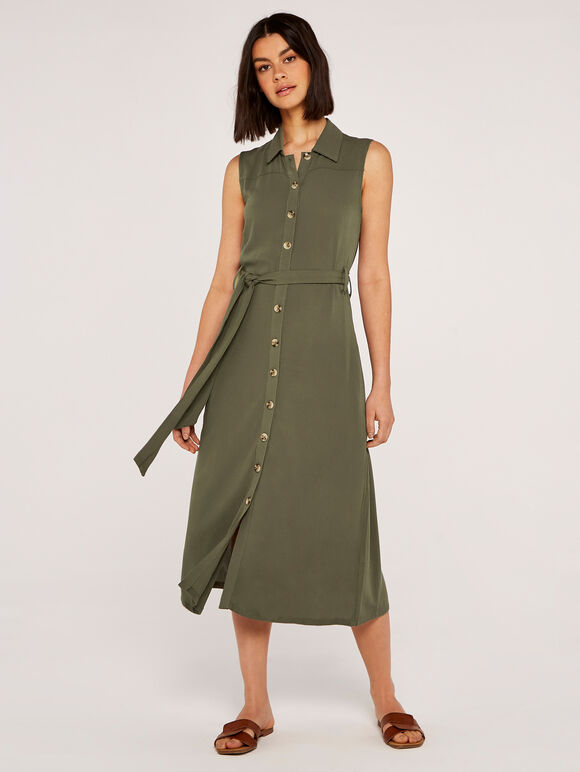 Utility Sleeveless Midi Shirt Dress, Khaki, large