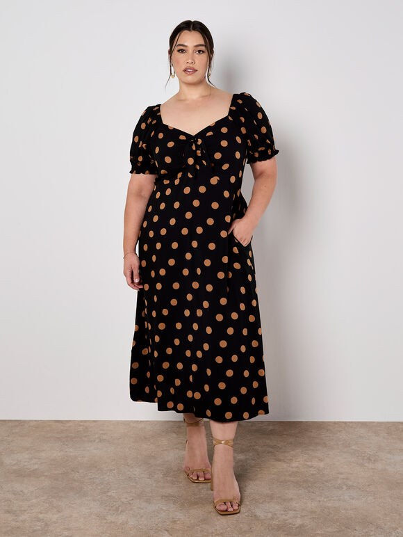 Polka Dot Bow Detail Midi Dress, Black, large