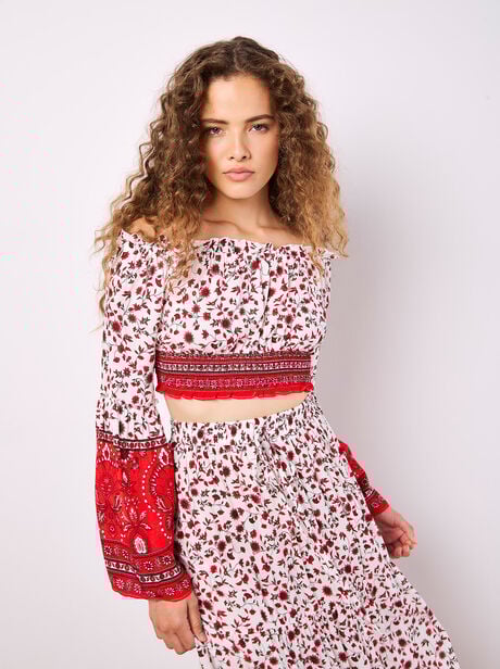 Sarasa Floral Cropped Milkmaid Top