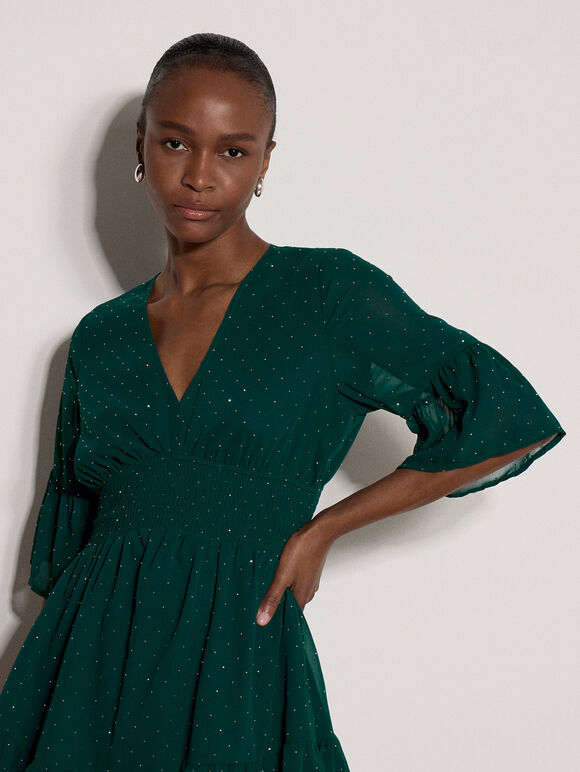 Diamante Chiffon Mini Dress, Pine Green, large