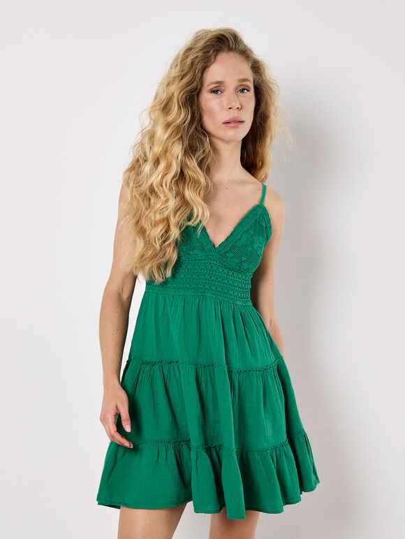 Bow Back Crochet Cami Mini Dress, Green, large