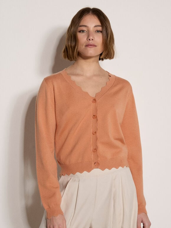 Scallop Hem Cardigan, Peach, large