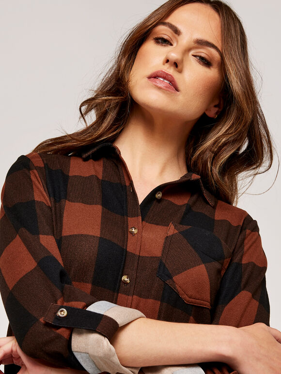 Gingham Fleece Lined Shirt, Rust, large