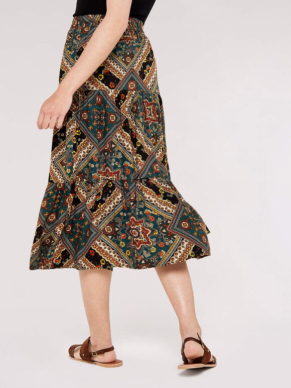 Scarf Print Tiered Skirt, Black, large